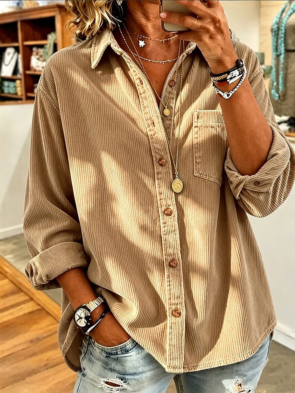 Retro Lapel Long-sleeved Corduroy Casual Loose-fit Thick Women's Garment