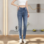 Women High Waist Slim Skinny Jeans, Classic Blue Washed Stretch Denim Pants With Pockets