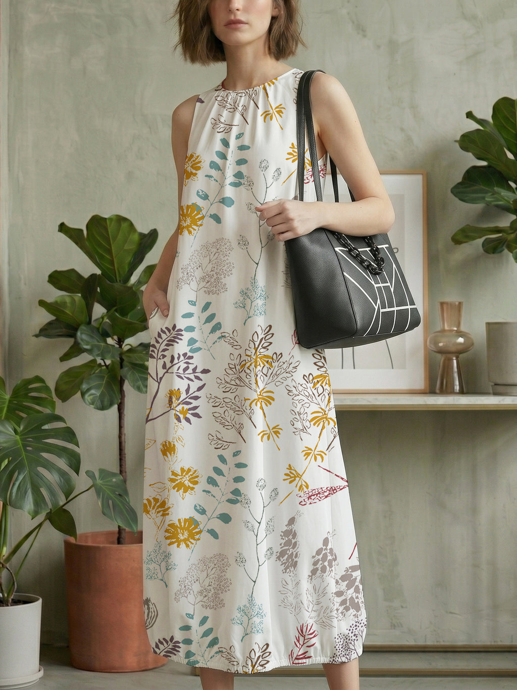 Women's Digital-Print Lantern Long Dress