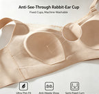 8649Seamless Rabbit-Ear Lifting Bra M-3XL Fixed Inner Cups 3D Lift Cup V-Neck Lace 4-Row Hooks
