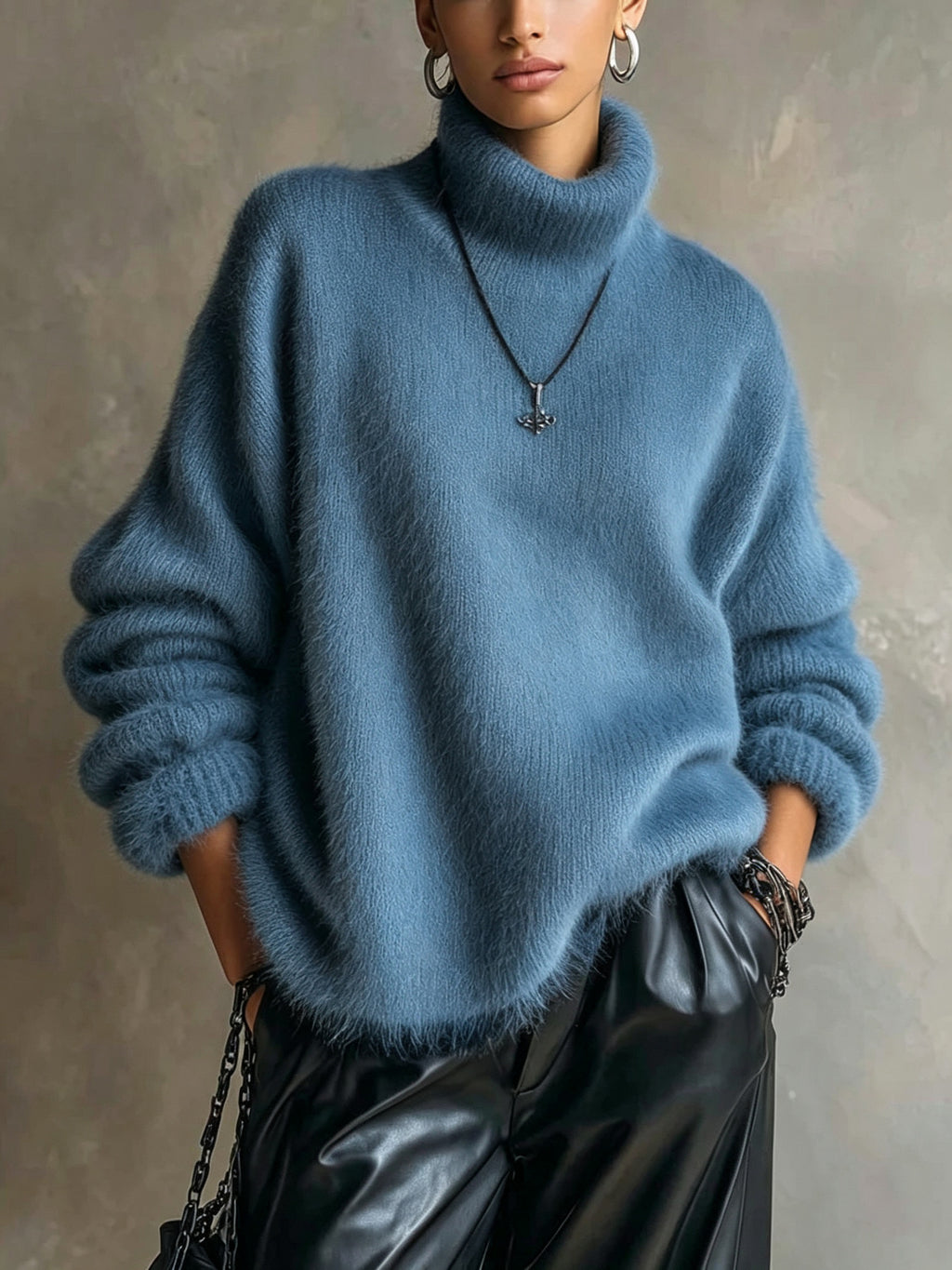 Womens Solid-color Loose-fitting Turtleneck Sweater In Soft Plush Knit