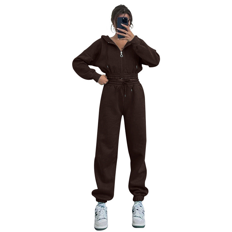 Hooded Zip-Up Waist-Cinching Sweatshirt Womens Set
