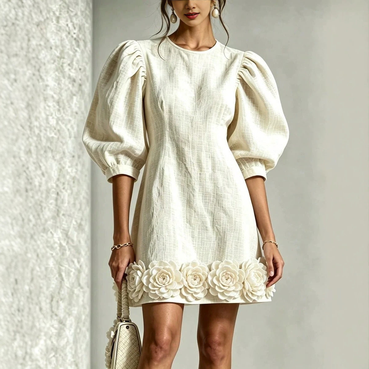 Floral Puff-sleeve Mini Dress For Women