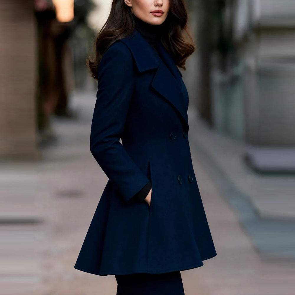 2026 Europe And The United States Cross-border Foreign Trade Autumn And Winter New Independent Station Solid Color Lapel Coat Double-breasted Long Sleeve Women's Coat
