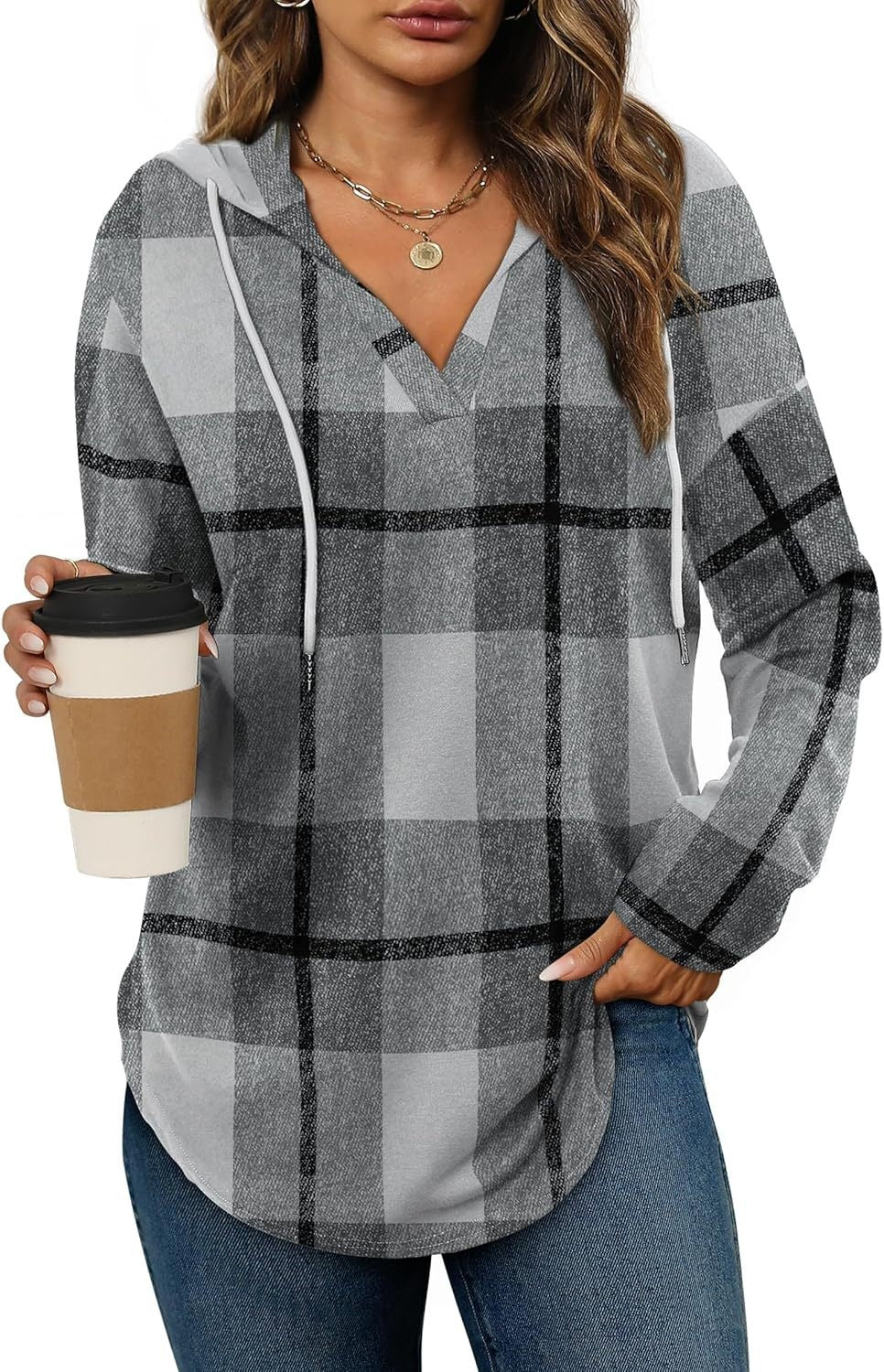 Vintage Plaid V-Neck Hooded Long-Sleeved Shirt For Women Casual Drawstring Plaid Top