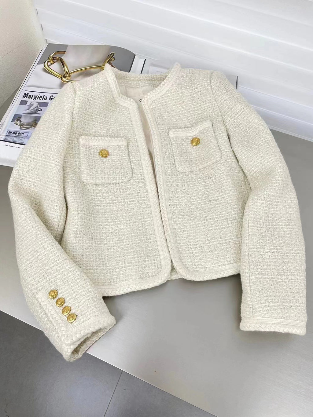 Elegant And Versatile French-style Cable-knit Jacket With Gold Buttons