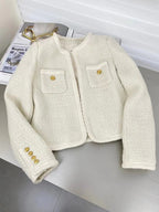 Elegant And Versatile French-style Cable-knit Jacket With Gold Buttons