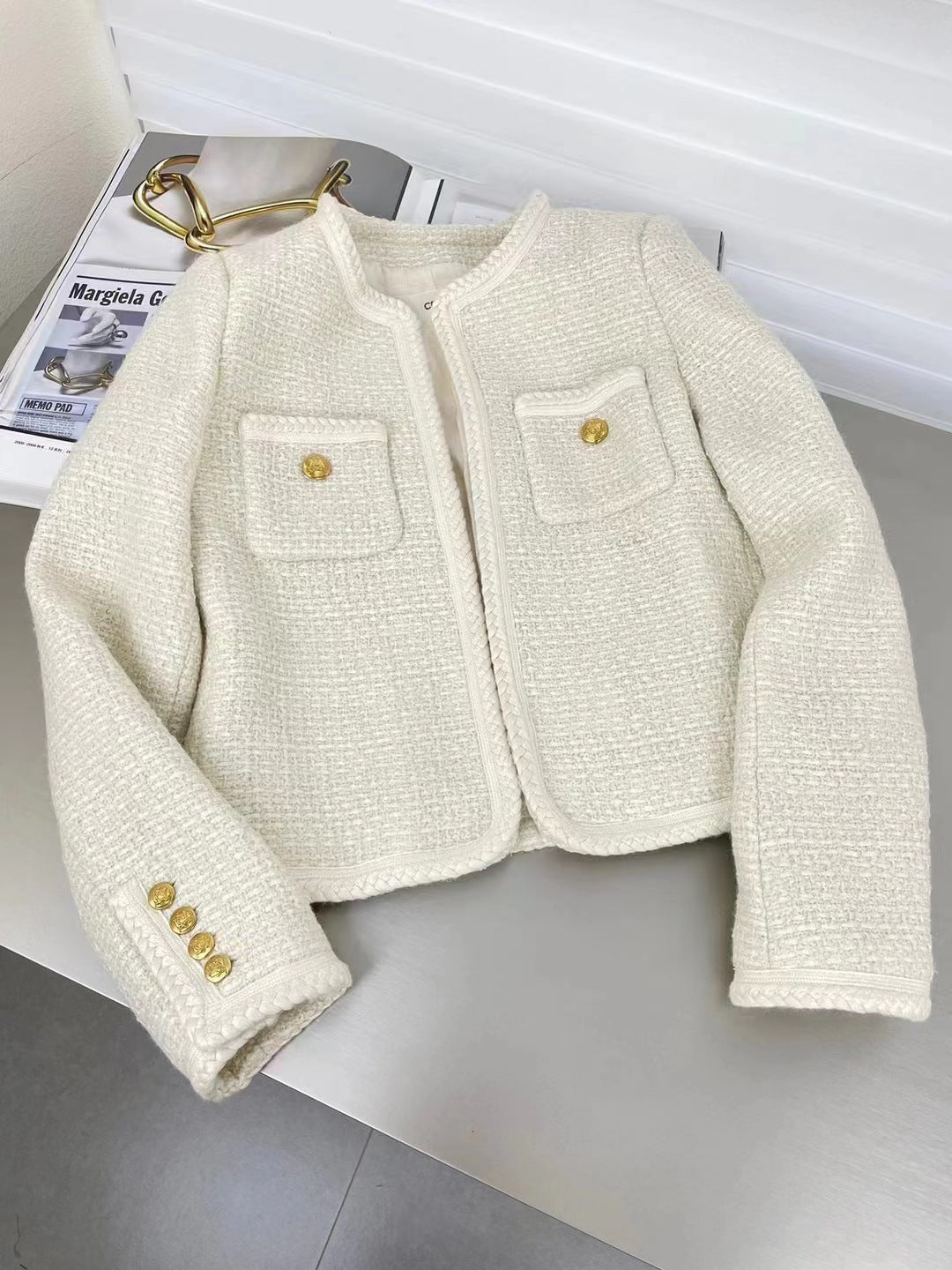 Elegant And Versatile French-style Cable-knit Jacket With Gold Buttons
