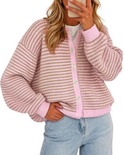 Hot Selling Women's Fall Winter Casual Striped Button Cardigan Knit Sweater Top