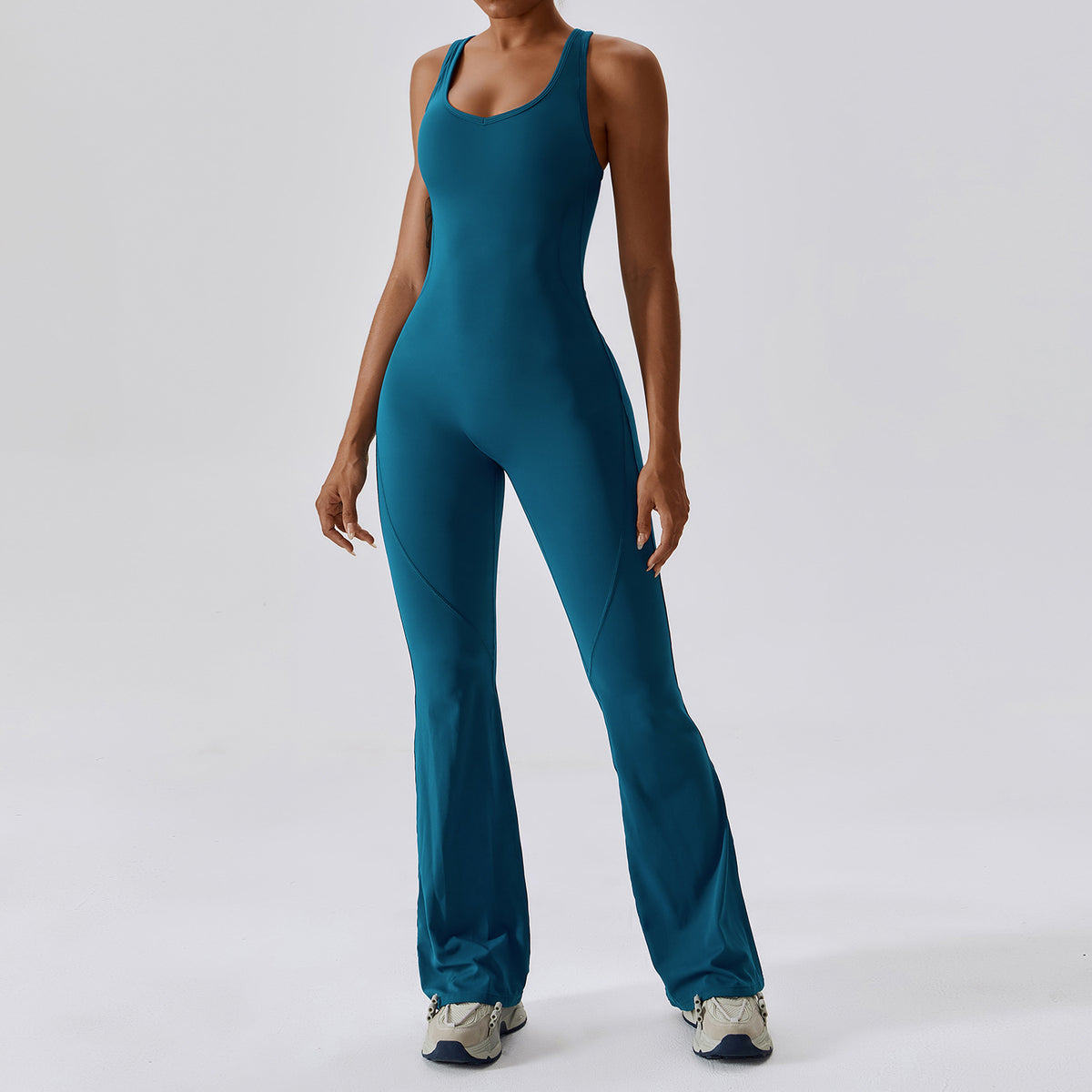 Women Quick Dry One Piece Yoga Jumpsuit High Waist Tummy Control Butt Lifting Flared Leg Bodysuit Gym Dance Workout Outfit