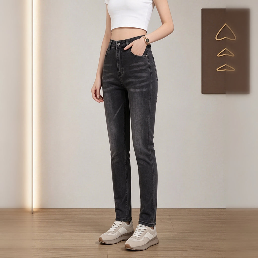Women High Waist Gradient Black Straight Leg Jeans, Casual Slim Fit Denim Pants With Pockets
