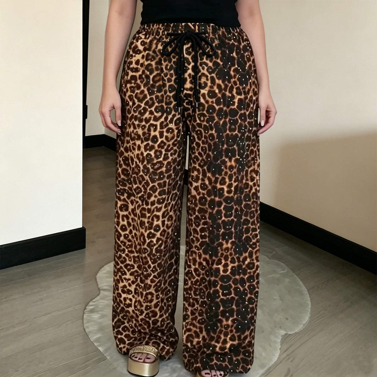 C7768 Cross-border 2026 New Women's Fashion Rhinestone Drawstring Loose Wide-Leg Pants Vintage Animal Print Casual Trousers