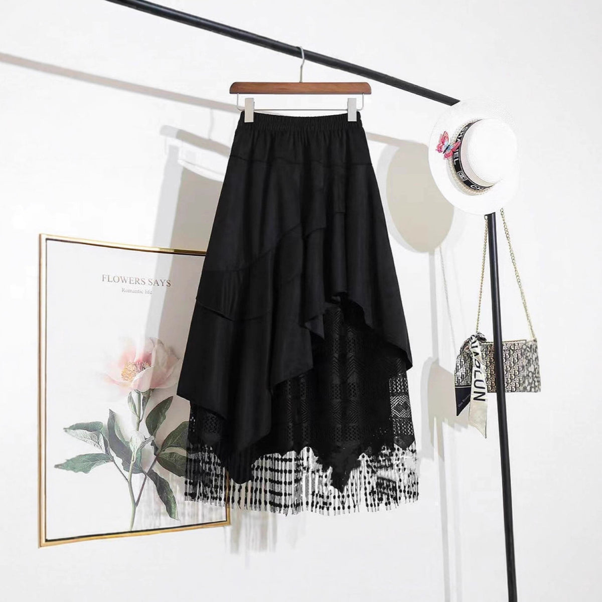 New AutumnWinter Irregular Ruffled Hem Vintage Suede And Lace Patchwork Womens Skirt