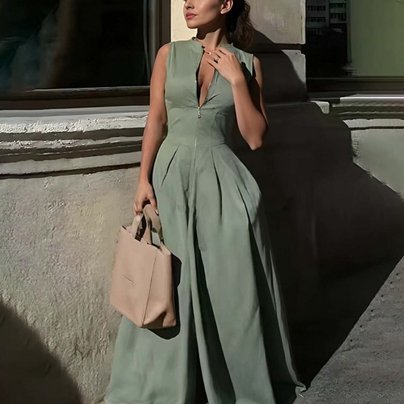 New Summer Women's Clothing Cross-Border European And American Style Jumpsuit Fashion Casual Solid Color Loose Wide-Leg Jumpsuit Pants