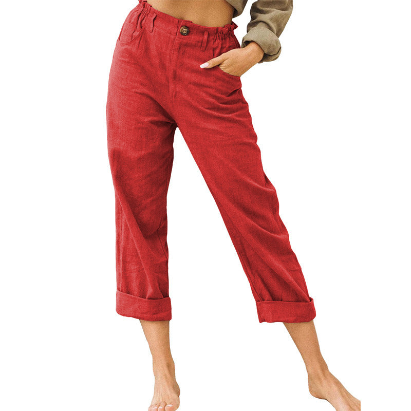2026 European And American Women's Fashion Wish Amazon New Solid Color Cotton And Linen Fashion Loose High-Waisted Straight Casual Long Pants For Women