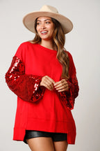 Christmas Sequined Sleeve Top Spliced Long-Sleeve Womens Sweatshirt