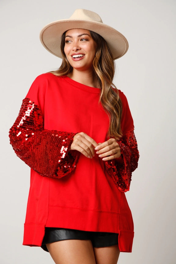 Christmas Sequined Sleeve Top Spliced Long-Sleeve Womens Sweatshirt