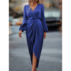 New Style Elegant Cross-Neck Pleated Slit Puff Sleeve Irregular Long-Sleeve Dress Women's Dress