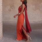 Foreign Trade Women's Clothing Summer Dress Fashionable Color-Block Scarf Collar Slim Fit Bodycon Strap Dress