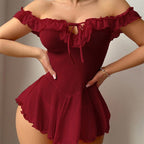 Mesh Ruffled Off-shoulder Strap Delicate Nightgown Set With Pants And Bra