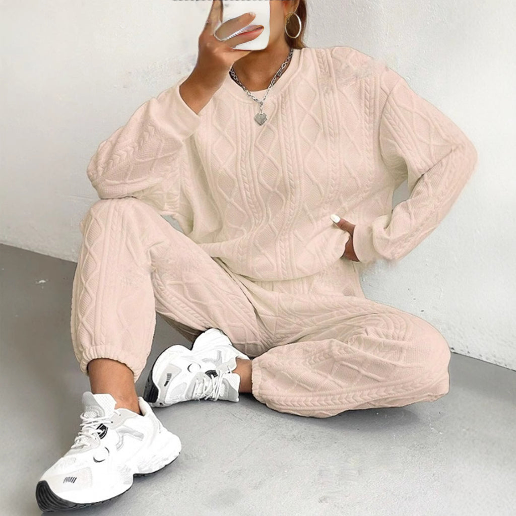 Spring And Autum Cross-Border European And American New Women's Clothing Twist Stitching Long-Sleeved Round Neck Top And Leggings Pants Two-Piece Set