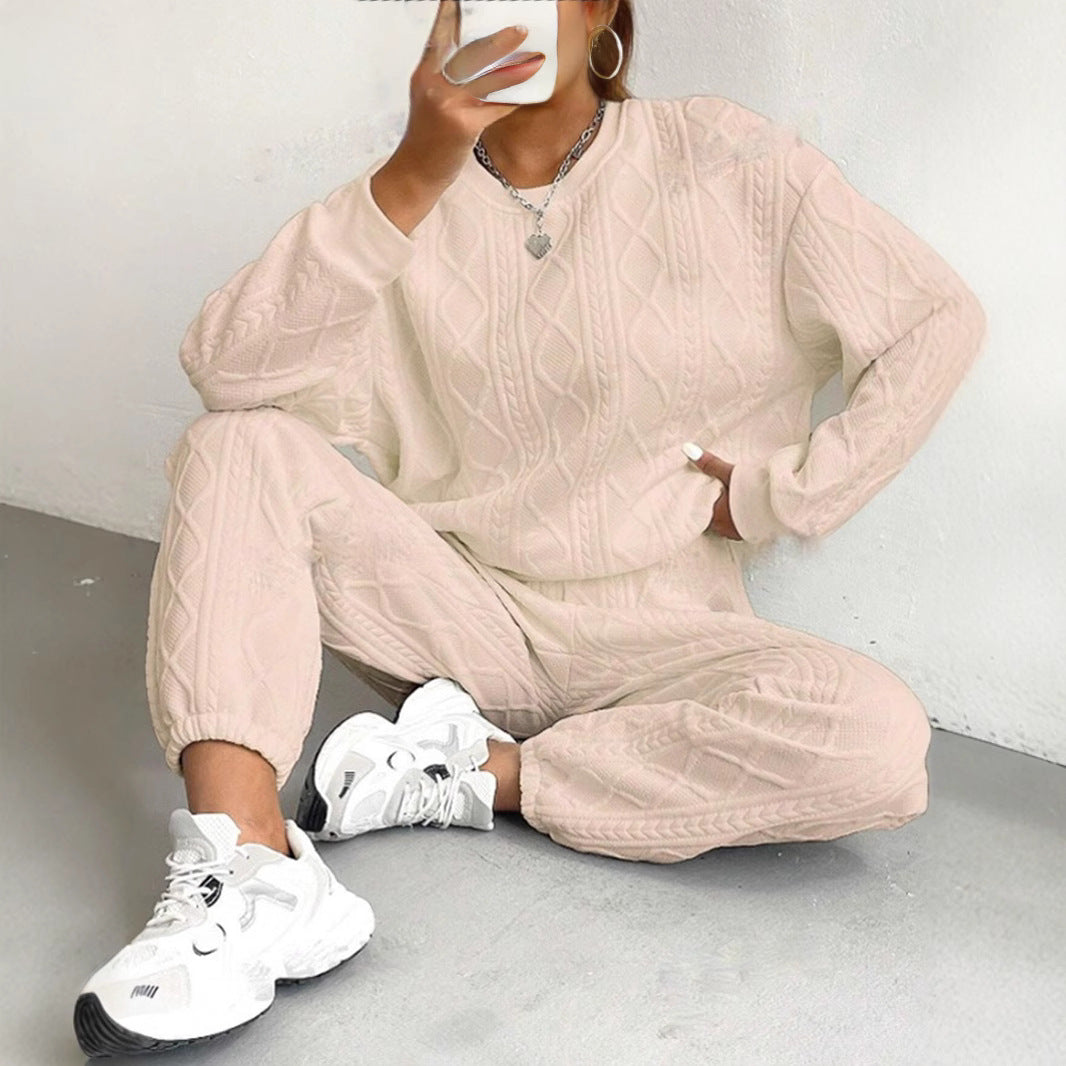 Spring And Autum Cross-Border European And American New Women's Clothing Twist Stitching Long-Sleeved Round Neck Top And Leggings Pants Two-Piece Set