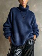 Womens Solid-color Loose-fitting Turtleneck Sweater In Soft Plush Knit