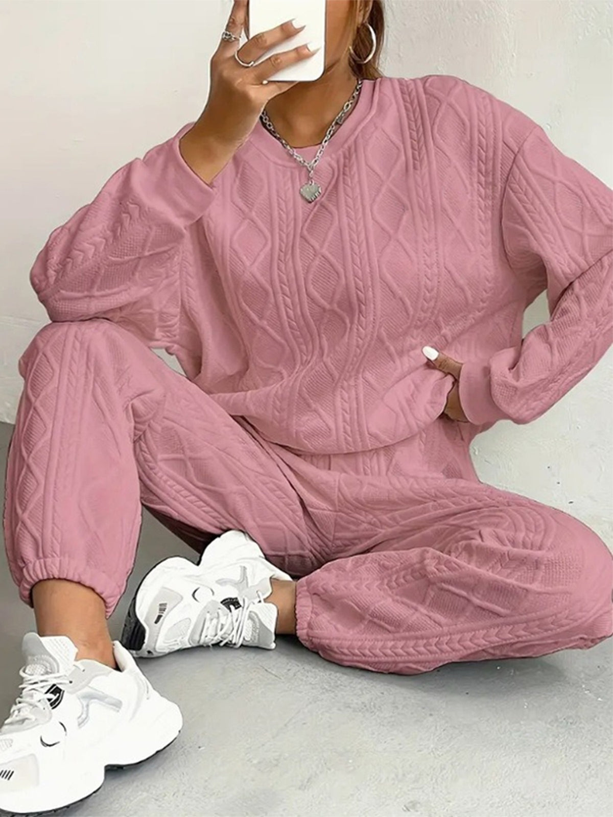 Spring And Autum Cross-Border European And American New Women's Clothing Twist Stitching Long-Sleeved Round Neck Top And Leggings Pants Two-Piece Set