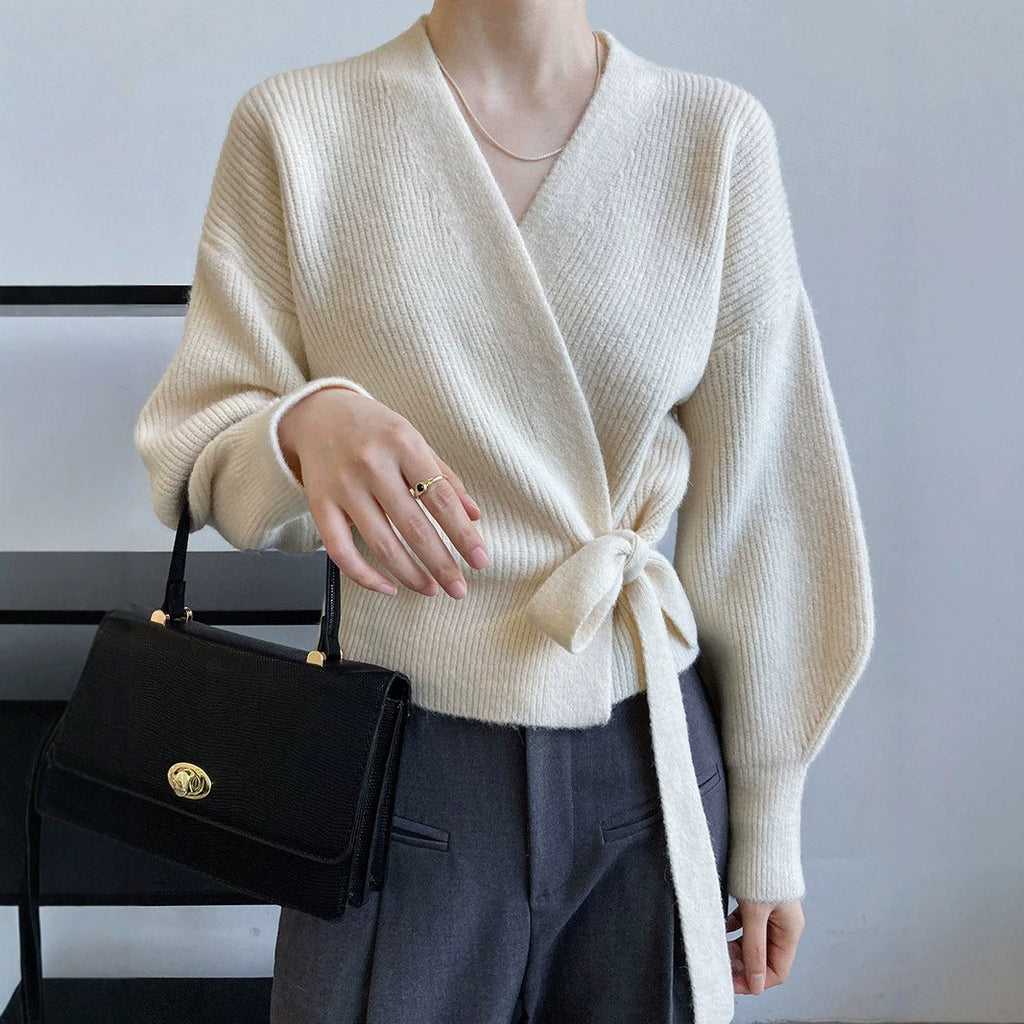 French-style Vintage Collar Lace-up Loose-fitting Knit Cardigan For Outerwear