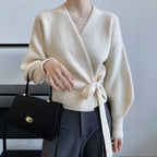 French-style Vintage Collar Lace-up Loose-fitting Knit Cardigan For Outerwear
