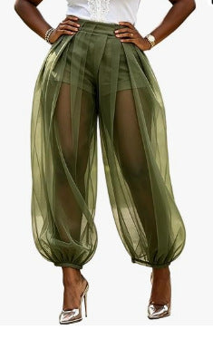 2026 European And American Cross-Border Summer New Style Semi-Transparent Mesh Solid Color Patchwork Loose Semi-Transparent Lantern Pants