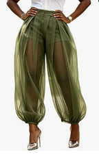 2026 European And American Cross-Border Summer New Style Semi-Transparent Mesh Solid Color Patchwork Loose Semi-Transparent Lantern Pants