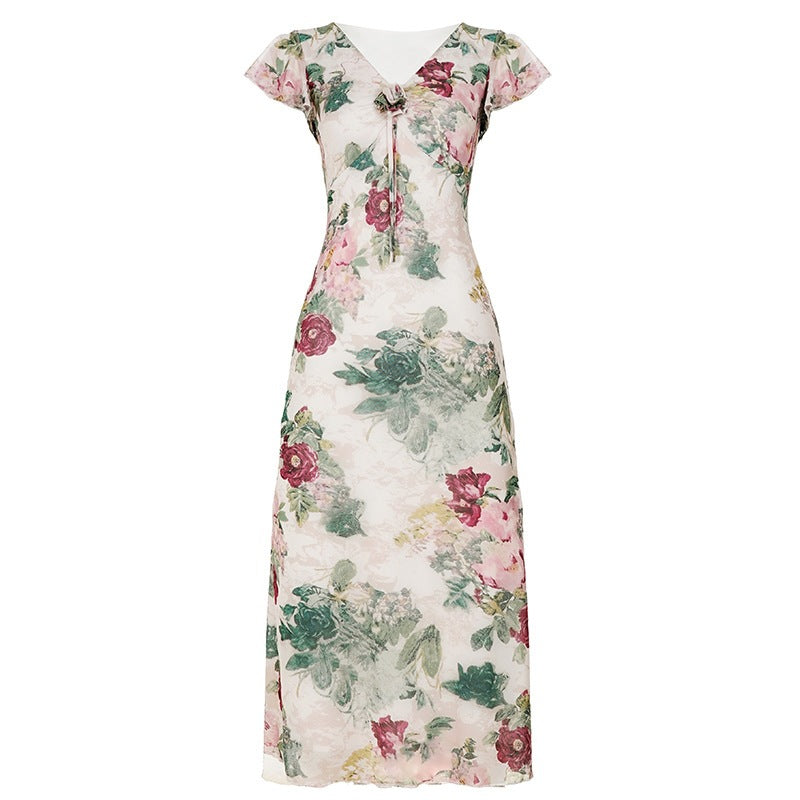 Floral Ruffled V-Neck Mesh Dress Resort