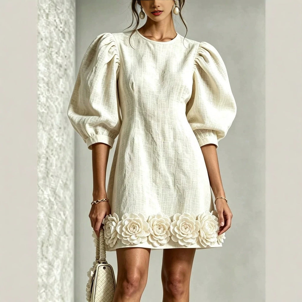 Floral Puff-sleeve Mini Dress For Women