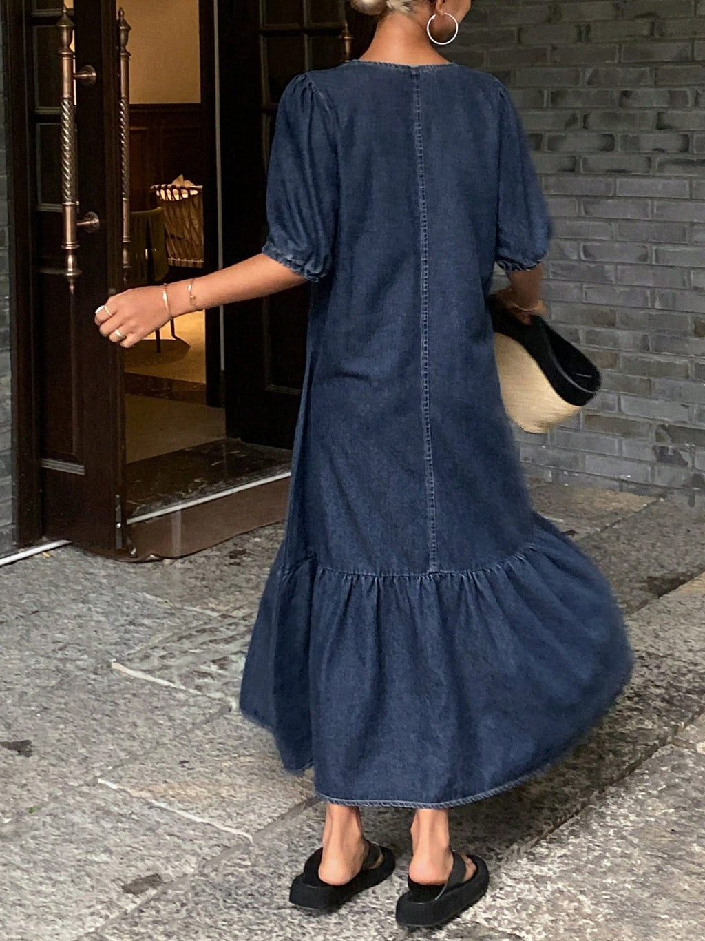 Button-ront Puff Sleeve Ruffle Hem Denim Midi Dress