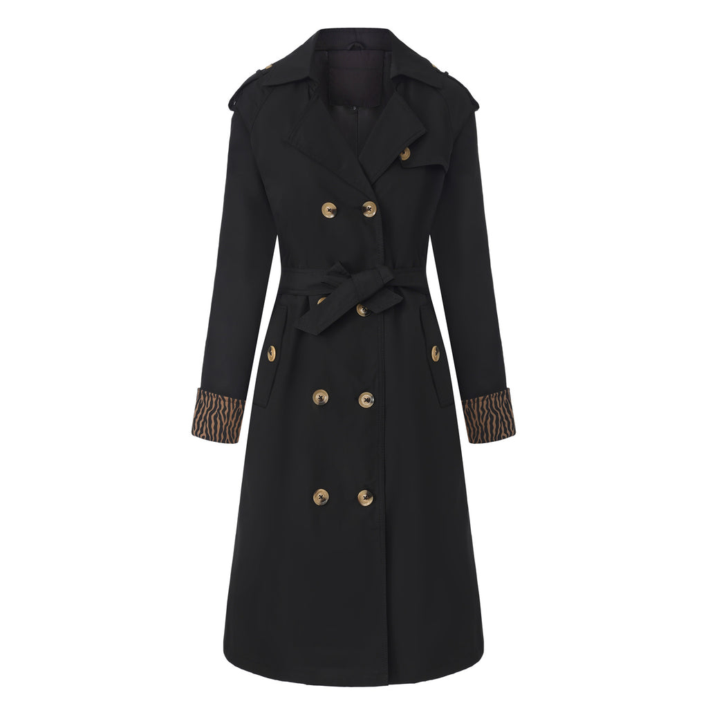 New Women's Trench Coat With Leopard Print Decoration, European And American Style, Long-Sleeve, European Size, Fashion Double-Breasted With Belt 2602