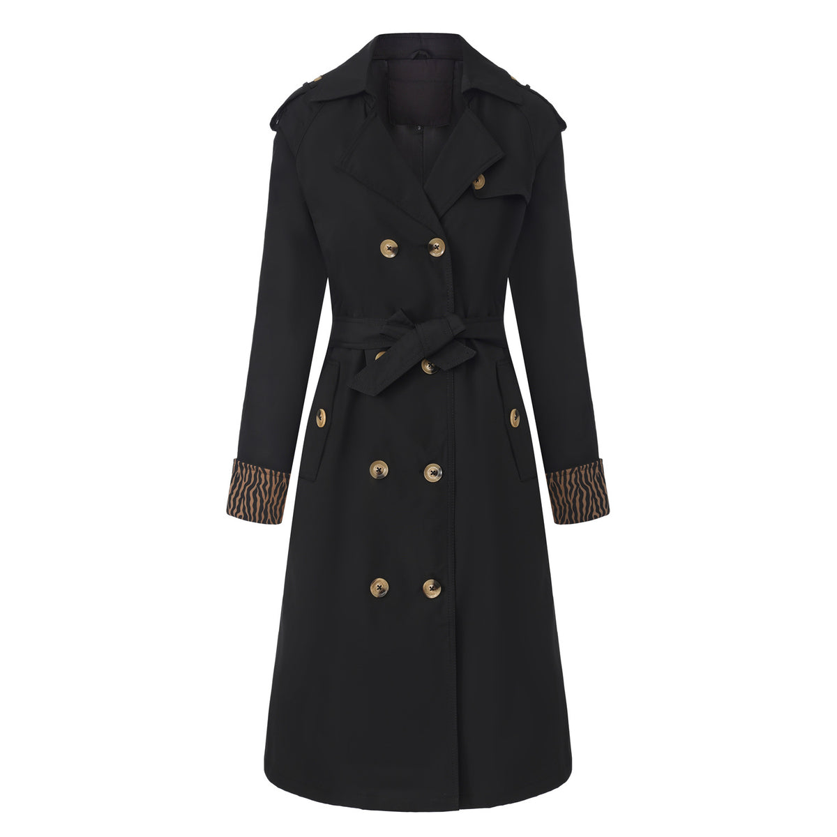 New Women's Trench Coat With Leopard Print Decoration, European And American Style, Long-Sleeve, European Size, Fashion Double-Breasted With Belt 2602