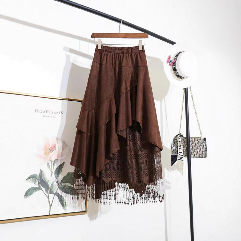 New AutumnWinter Irregular Ruffled Hem Vintage Suede And Lace Patchwork Womens Skirt