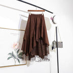 New AutumnWinter Irregular Ruffled Hem Vintage Suede And Lace Patchwork Womens Skirt