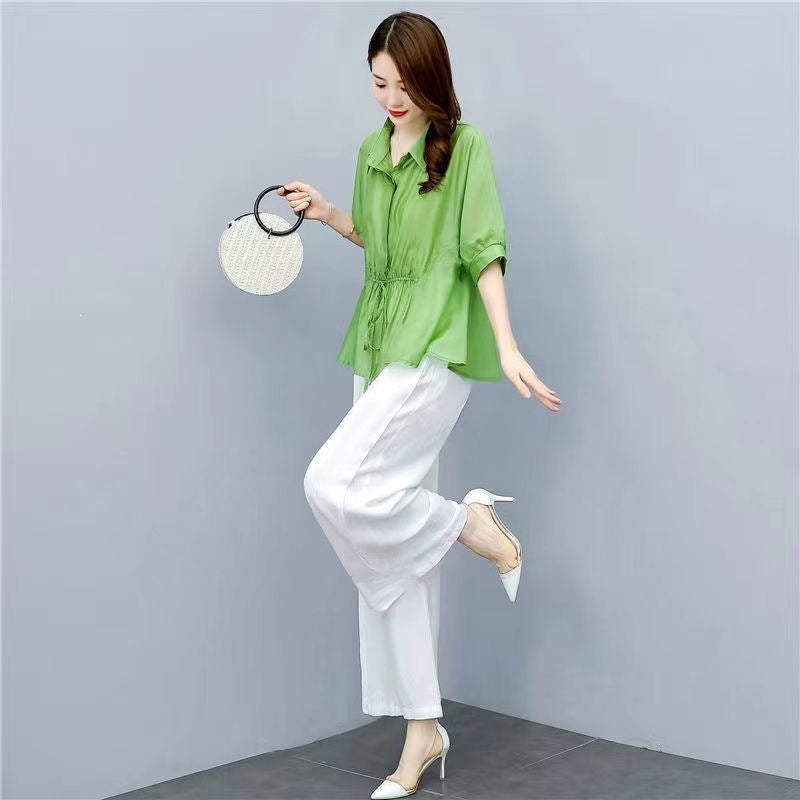 Casual Chic Plus-size Wide-leg Pants Linen Two-piece Set With A Flowing Drape