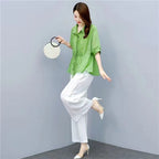 Casual Chic Plus-size Wide-leg Pants Linen Two-piece Set With A Flowing Drape