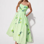 New Summer Women's Clothing European And American Style Printed Dress Elegant High-Waisted Flared Strapless Gown Long Dress