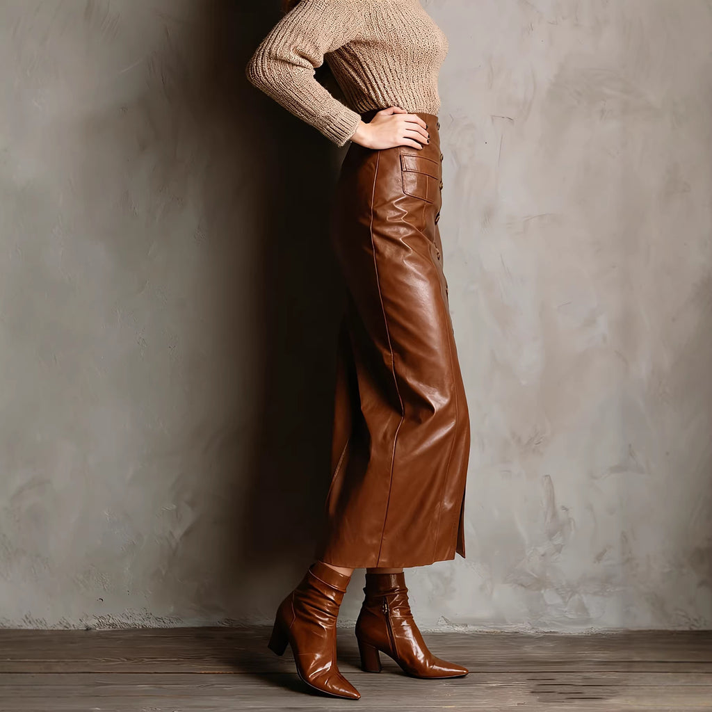 Button-front Slit High-waisted Long Sheath Skirt