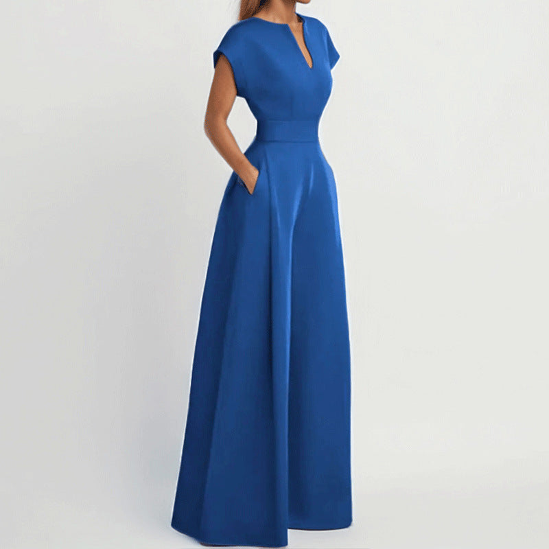 Summer New Style Cross-Border European And American Foreign Trade Women's Clothing Fashionable Commuter V-Neck Waist-Cinching Solid Color Wide-Leg Jumpsuit