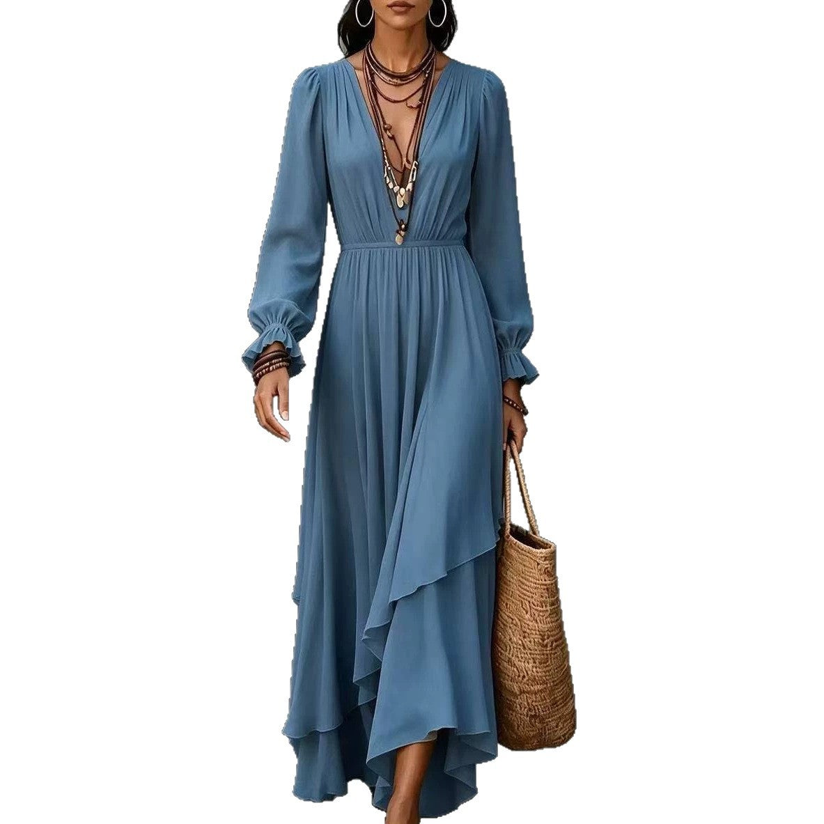 Solid-color V-neck Asymmetrical Chiffon Long-sleeve Dress With Ruffled Hem