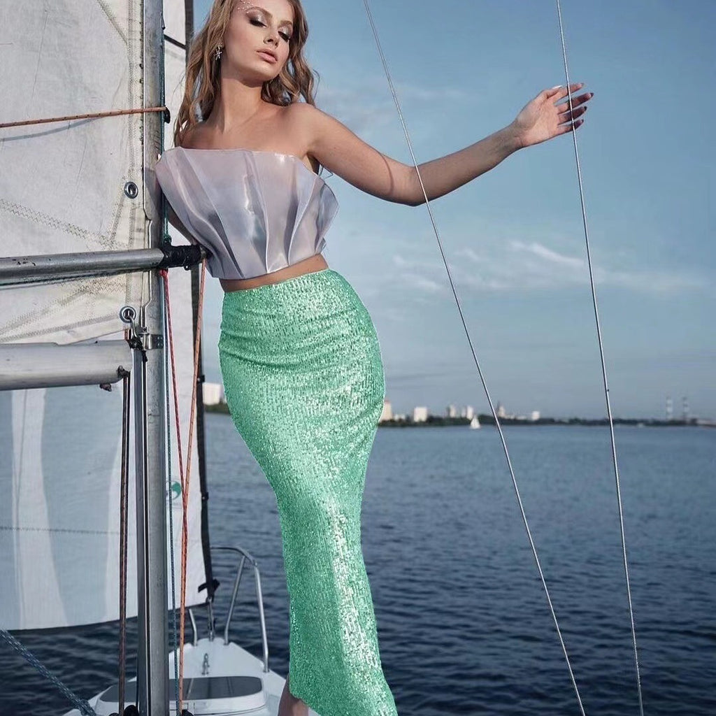 Womens Solid-color Sequined And Beaded Fashion Casual Skirt With A Back Slit