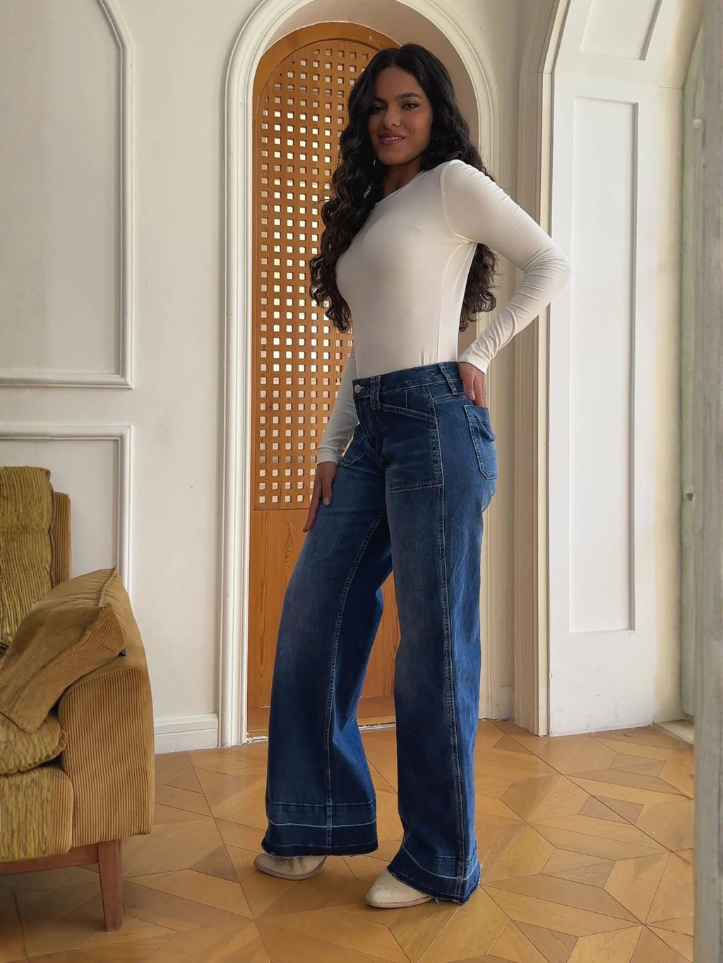 Women Dark Blue Wide Leg Jeans High Rise Denim Pants Casual Loose Fit Full Length Jeans Wholesale Ready Stock