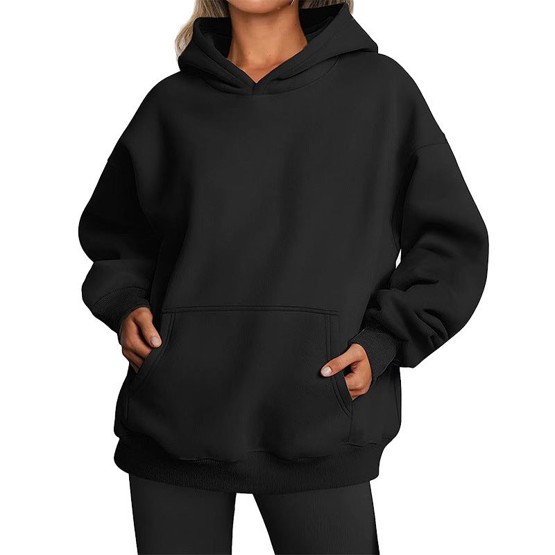 Women's Solid-color Long-sleeved Loose-fitting Hooded Sweatshirt With Pocket