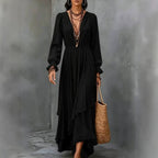 Solid-color V-neck Asymmetrical Chiffon Long-sleeve Dress With Ruffled Hem