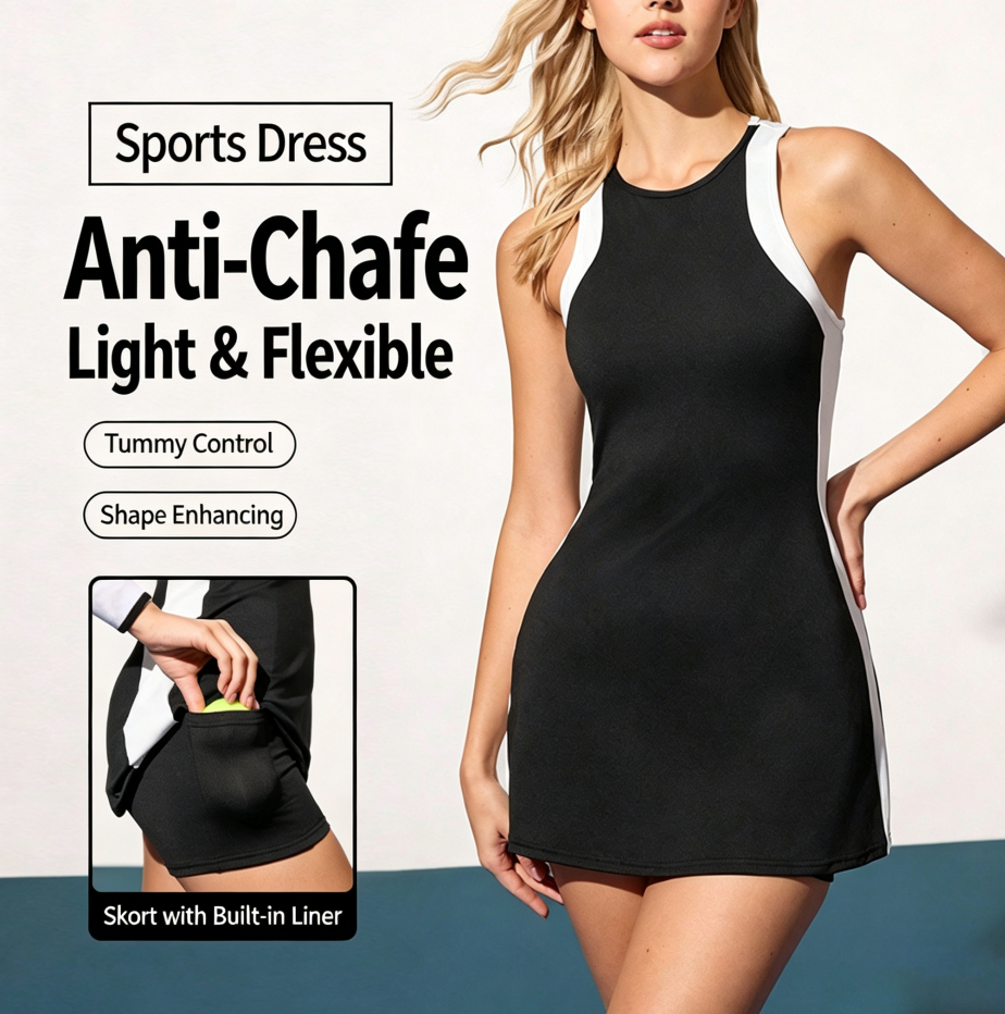 Color-Blocking Yoga Dress, Sports Fitness All-In-One Anti-Exposure Tennis Skirt, Waist-Cinching Butt-Lifting Yoga Jumpsuit